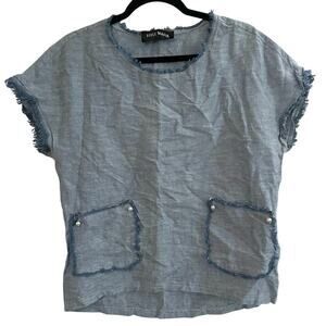 STYLE MAFIA Blue Denim Chambray Raw Hem Apron Pocket Shirt Top - Sz Large